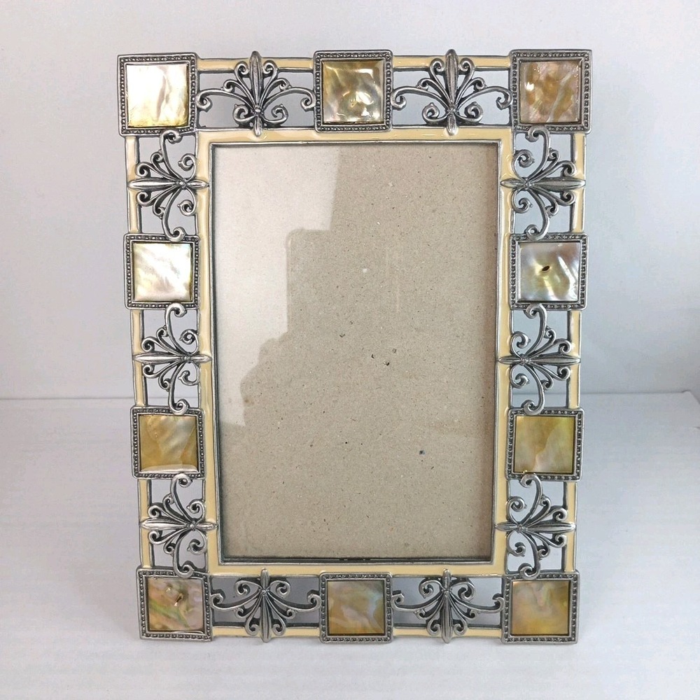 Vintage Picture 4 x 6 Mother of Pearl Enamel and Metal Picture Frame